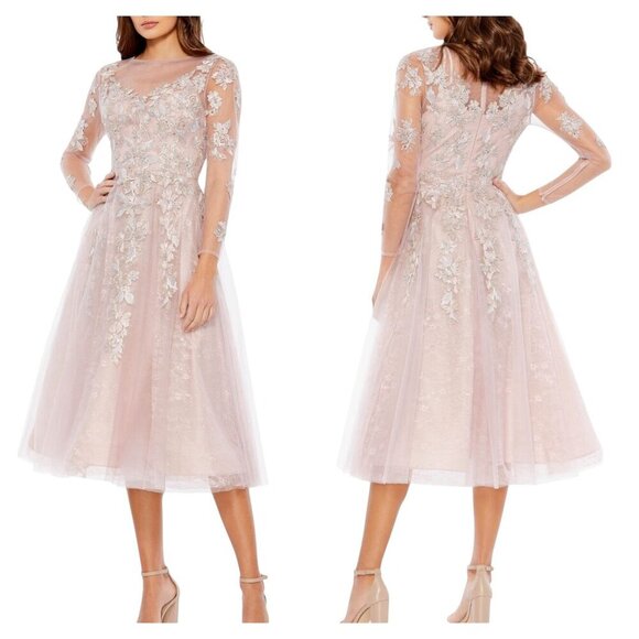 Mac Duggal Lilac Beaded Lace Tea Length Dress Illusion Sleeves 16